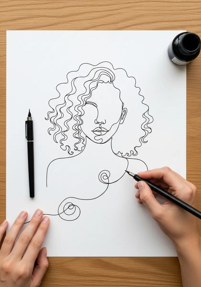 Minimal continuous line drawing of a face with curly hair on white paper