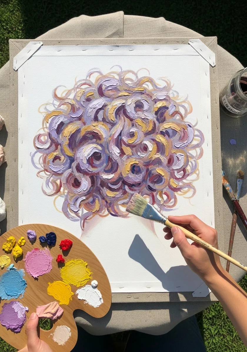 Thick oil paint curly hair in lilac cream and gold with visible knife strokes