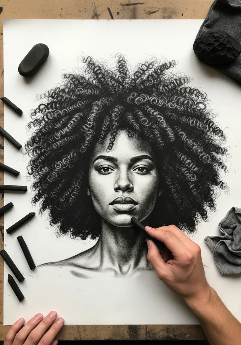 Detailed charcoal portrait of a woman with a full afro of tight defined coils