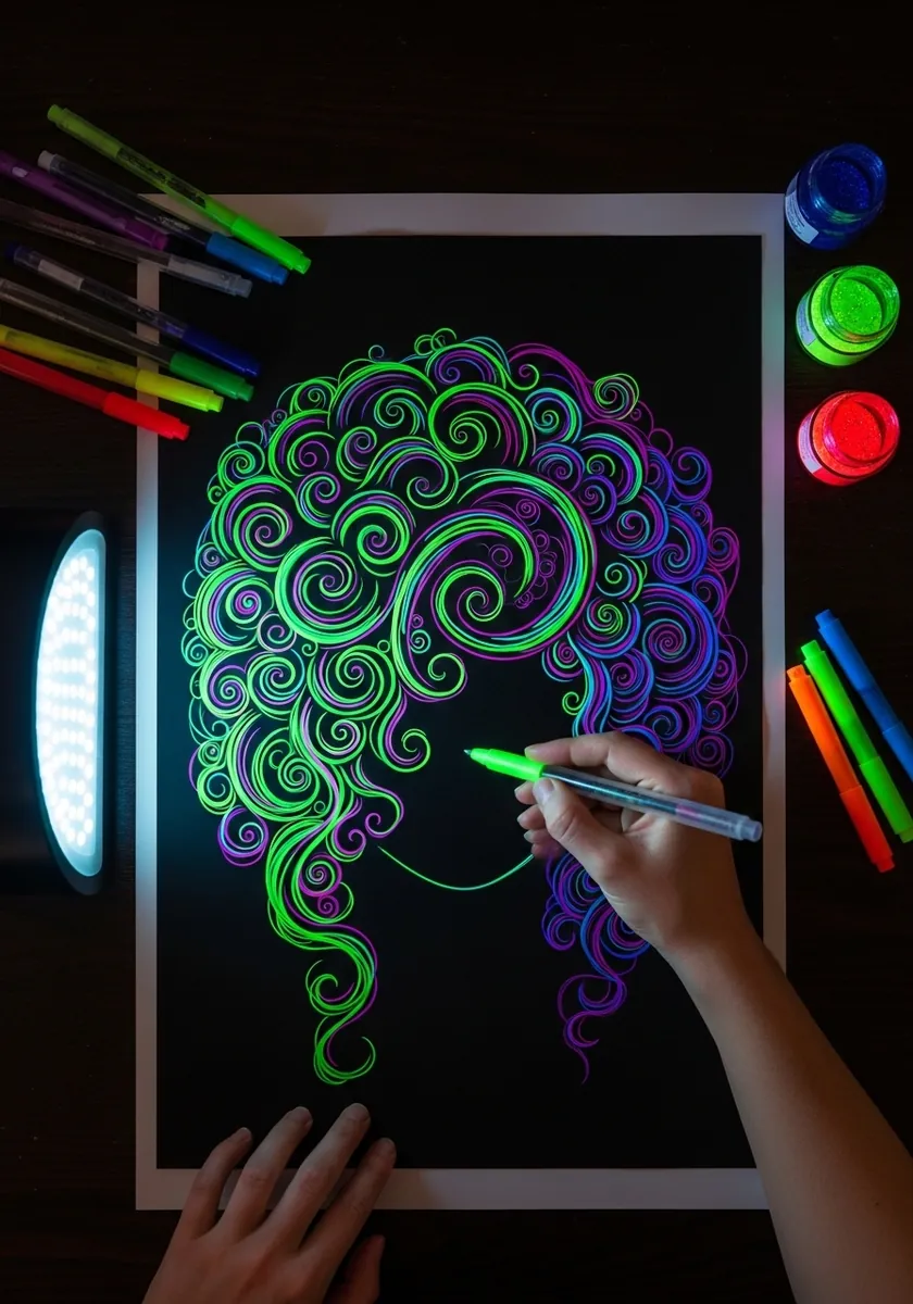 Glowing neon green and purple spiral curls drawn on black paper