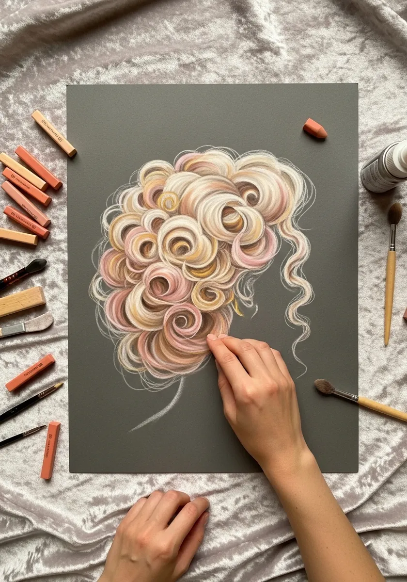 Soft pastel curls in cream pink and peach drawn on gray toned paper