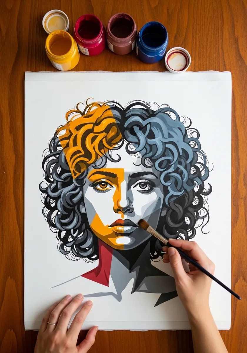 Angular cubist portrait with curly hair in orange gray and blue geometric planes