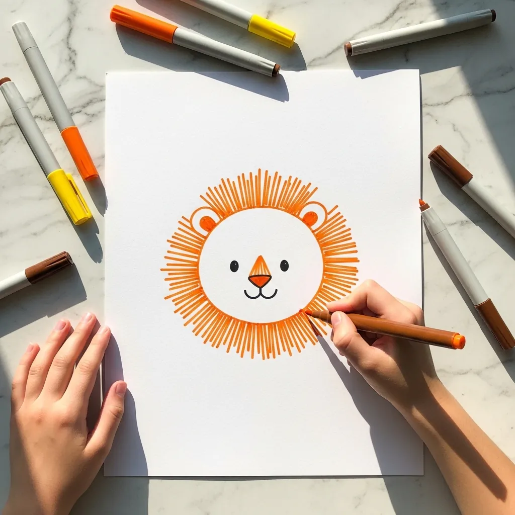Child drawing an orange lion face with a mane made of straight lines
