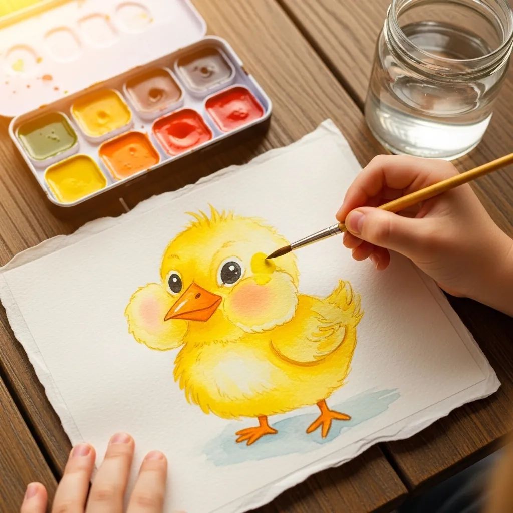 Child painting a plump yellow chick with watercolors on textured paper