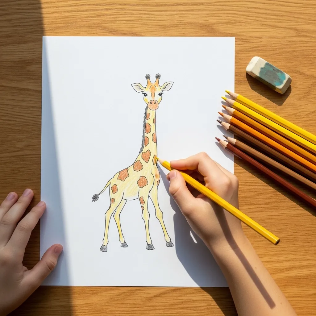 Child coloring a spotted baby giraffe with a long neck in colored pencil
