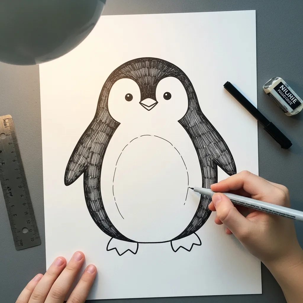 Child drawing a black and white penguin outline with a pencil and ruler