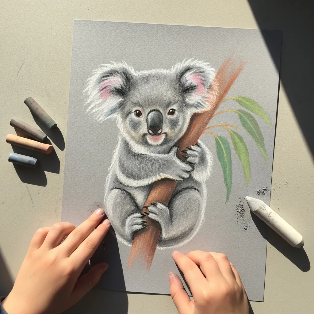 Child drawing a gray koala clinging to a eucalyptus branch in pastel