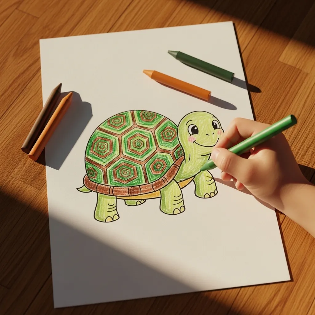 Child coloring a green tortoise with a patterned shell using markers