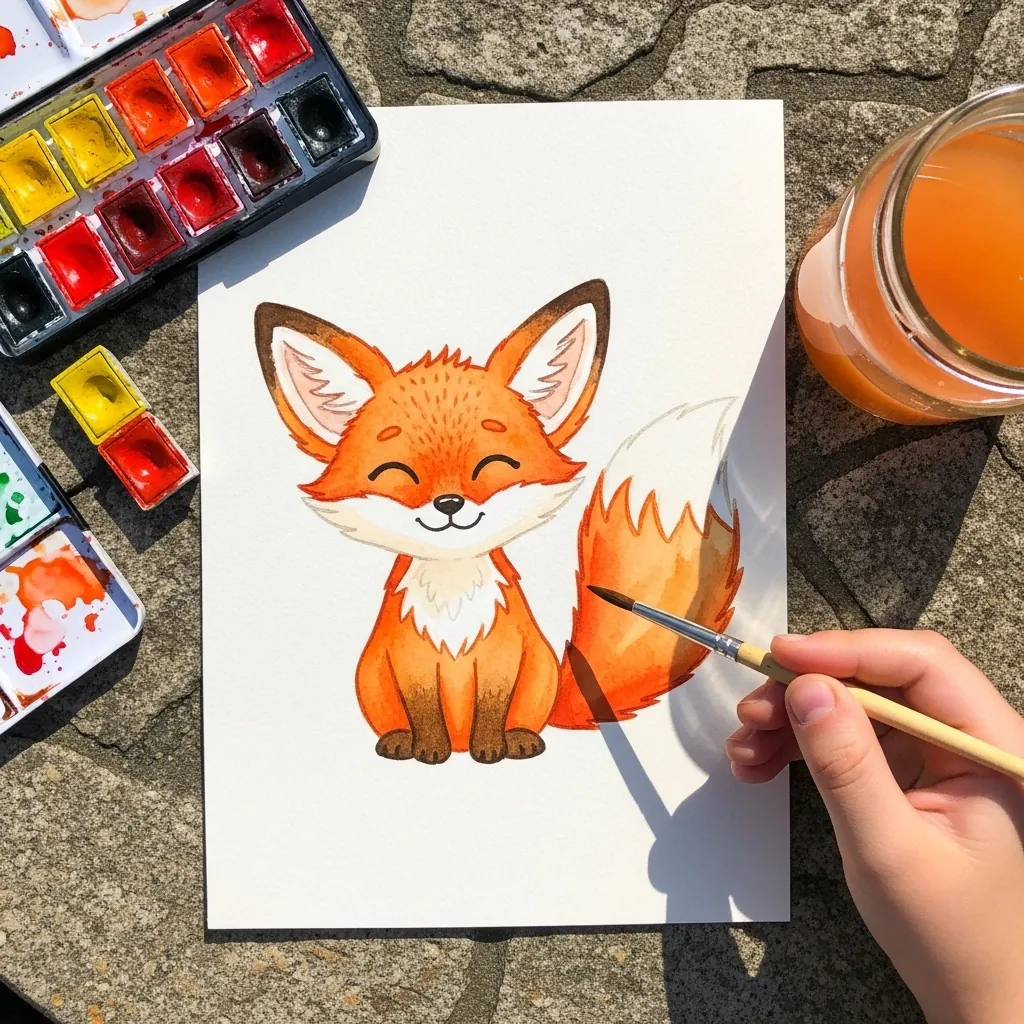 Child painting an orange fox with a white chest and bushy tail