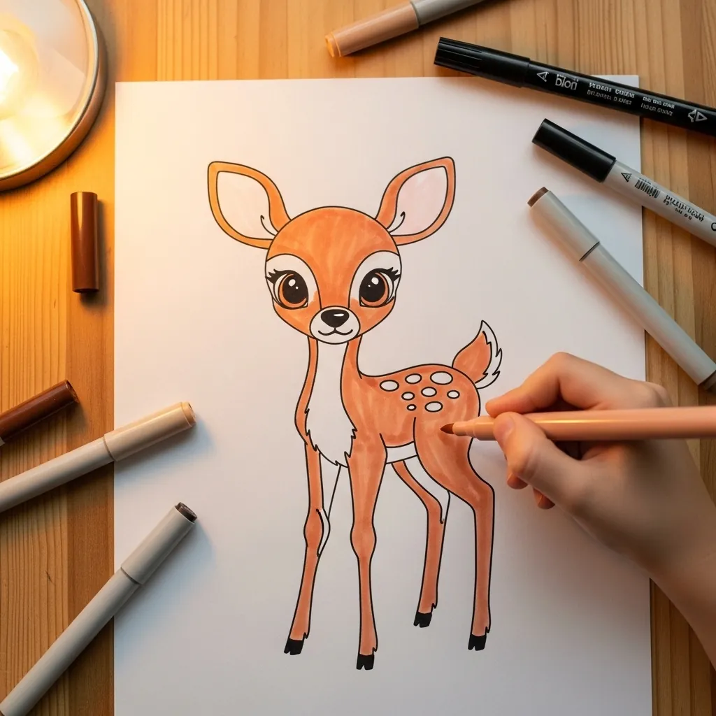 Child coloring a small spotted fawn with large ears and thin legs