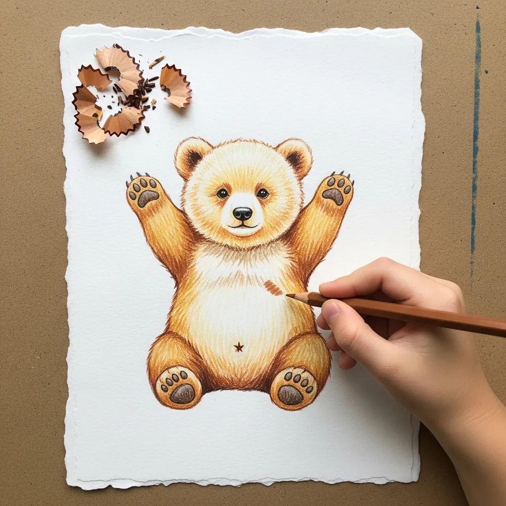 Child painting a light brown bear cub sitting with both arms raised