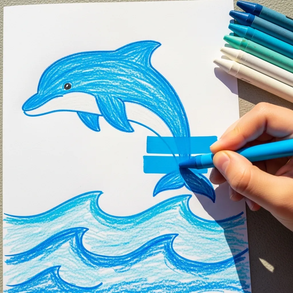 Child drawing a blue dolphin leaping above crayon waves