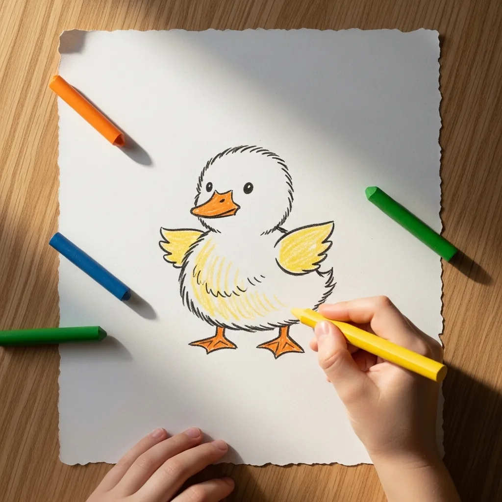 Child coloring a fluffy yellow duckling with an orange beak in marker