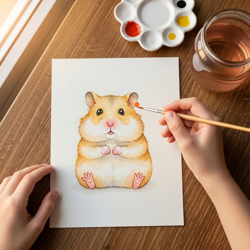 Child painting a small round hamster with tiny paws in watercolor