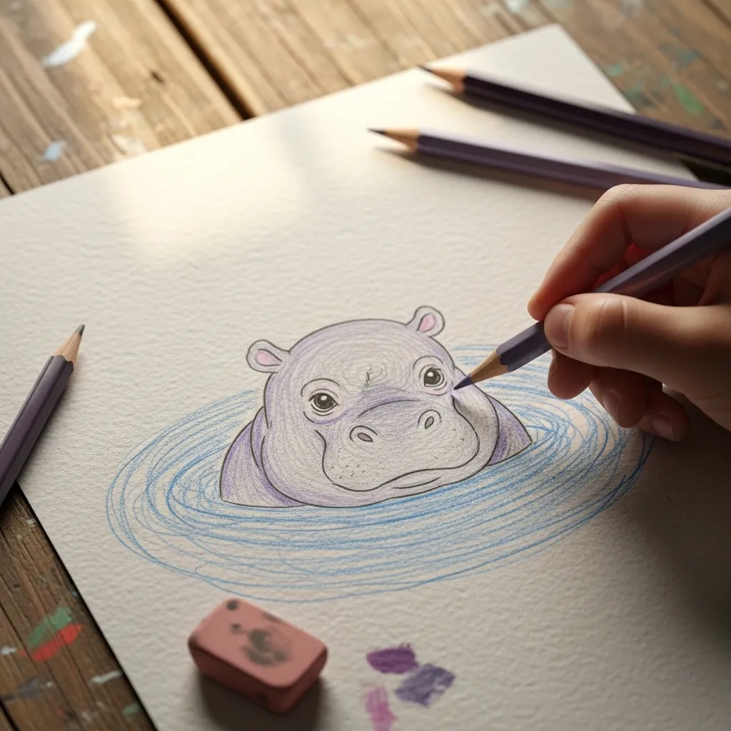 Child drawing a gray hippo peeping out of blue water in colored pencil