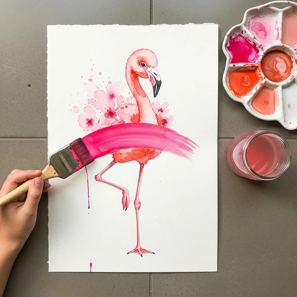 Child painting a pink flamingo with a single wide brushstroke