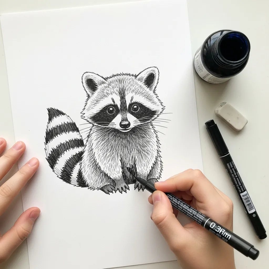 Child drawing a raccoon in fine black ink with a striped tail
