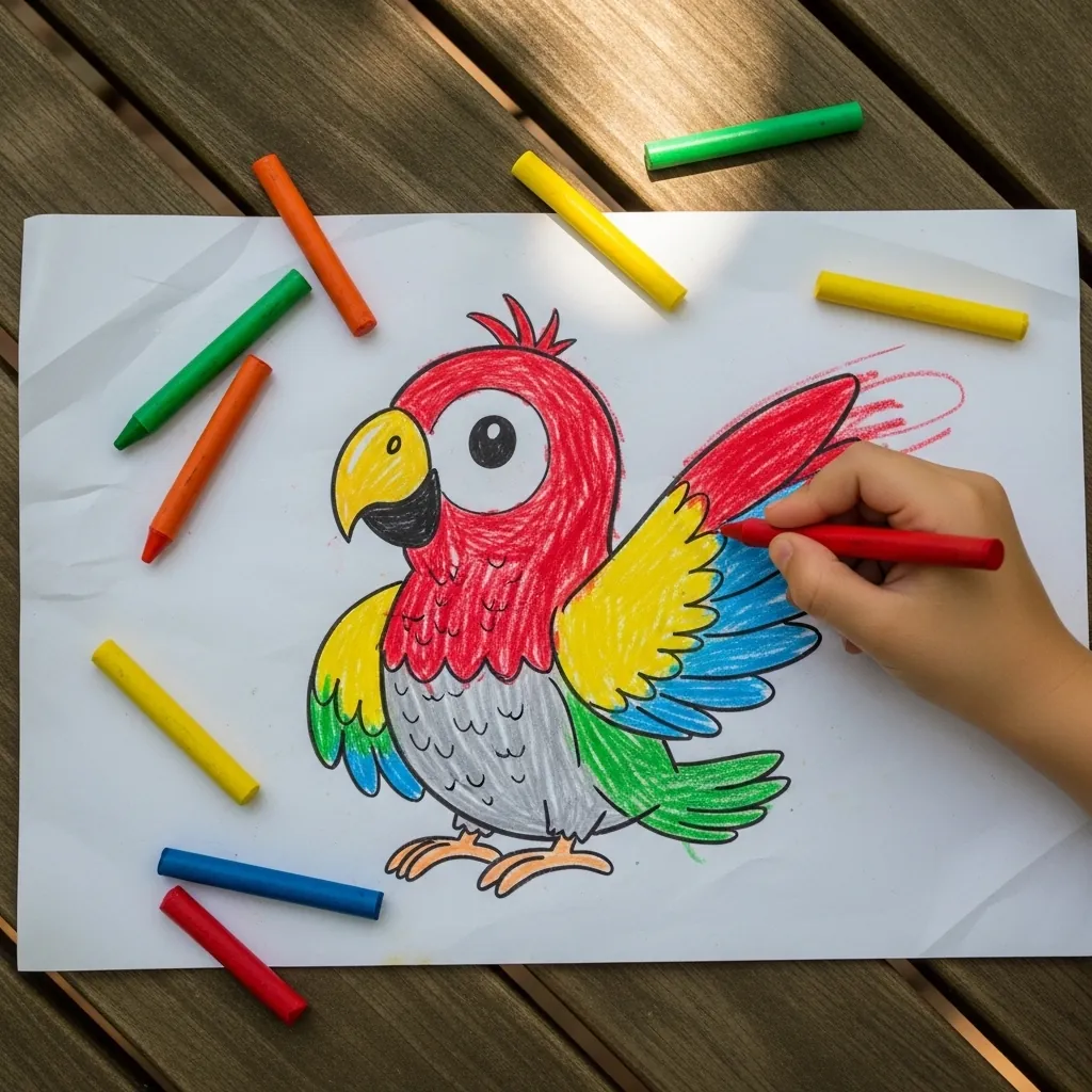 Child coloring a red, yellow and blue parrot with wax crayons