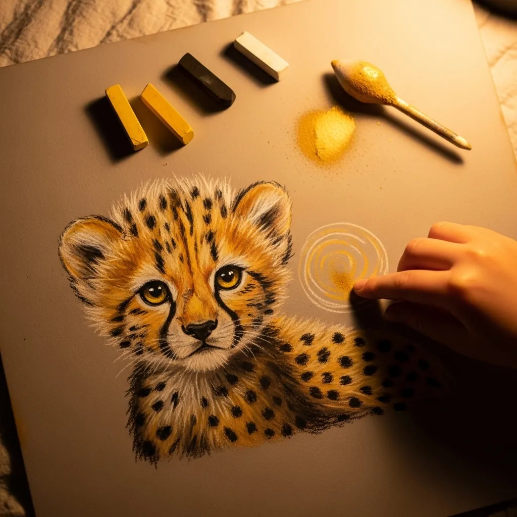 Child drawing a cheetah cub face with soft pastels and dark tear lines
