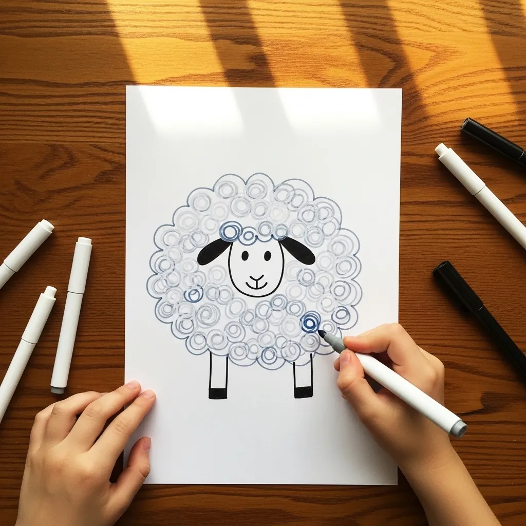 Child drawing a sheep whose wool is made of small marker loops