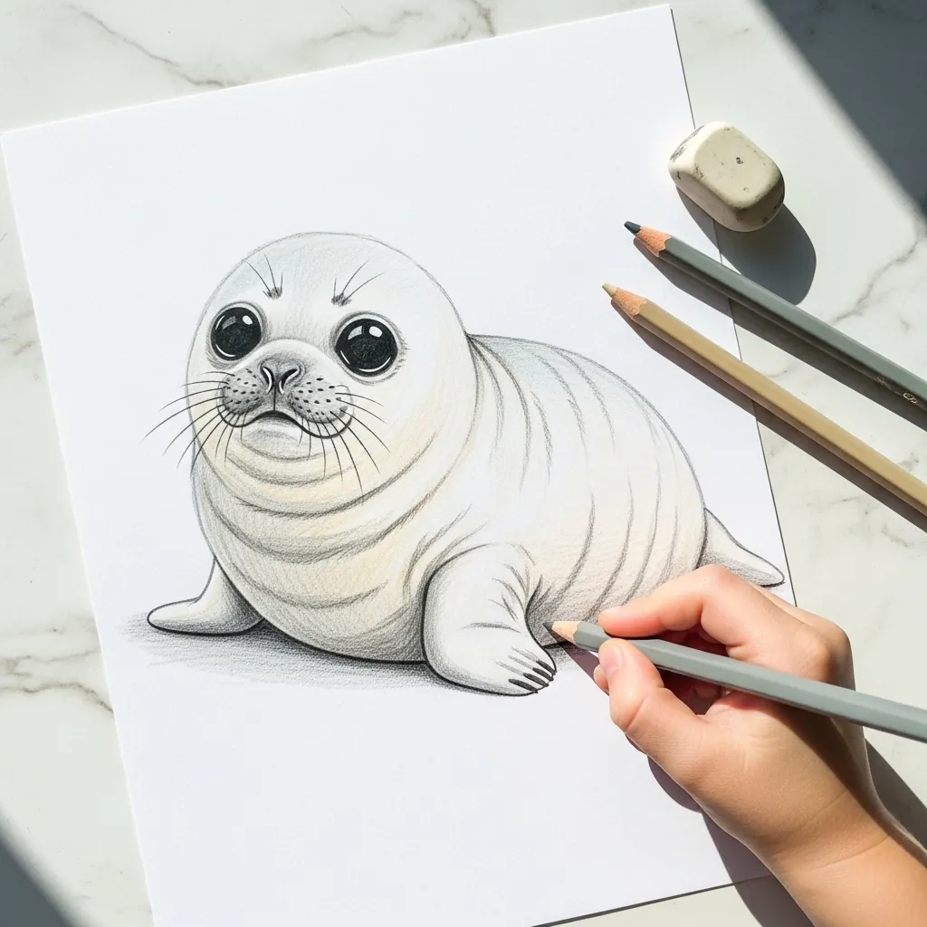 Child shading a detailed gray seal pup in graphite pencil