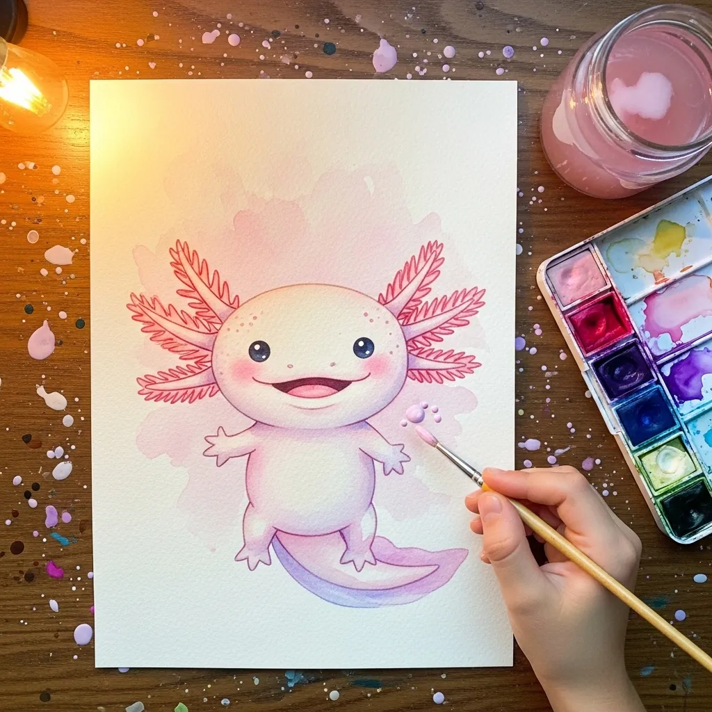 Child painting a pink axolotl with feathery gills in watercolor
