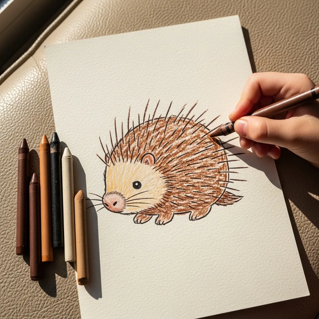Child drawing a brown porcupine covered in fine quills with colored pencils