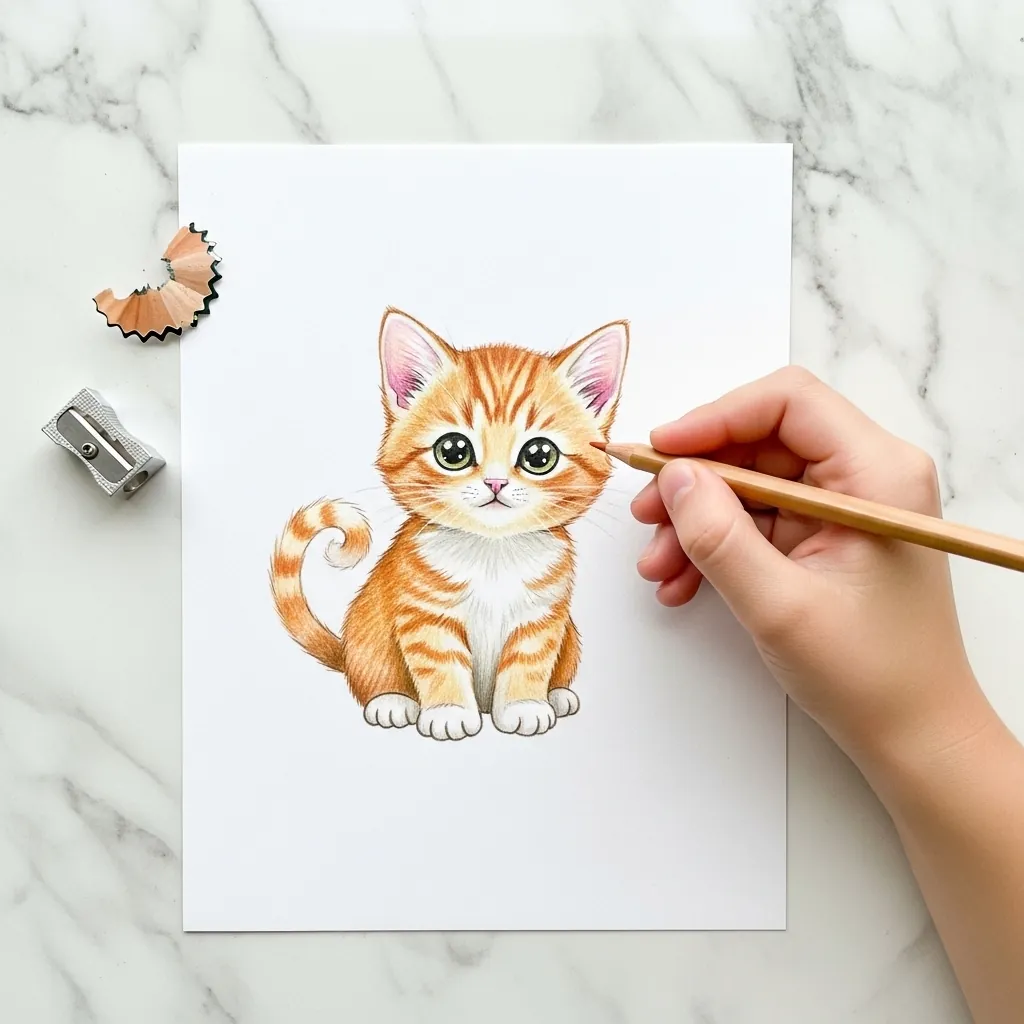 Child drawing a ginger tabby kitten sitting upright with green eyes