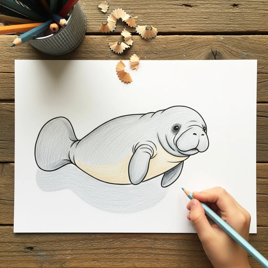 Child drawing a pale manatee with a rounded snout in pencil