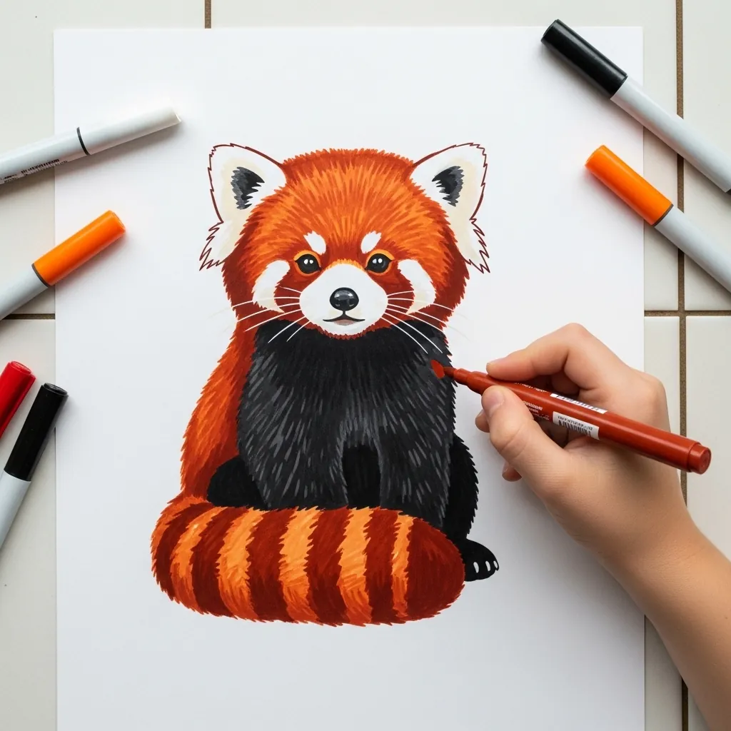 Child coloring a red panda with a long striped tail using markers