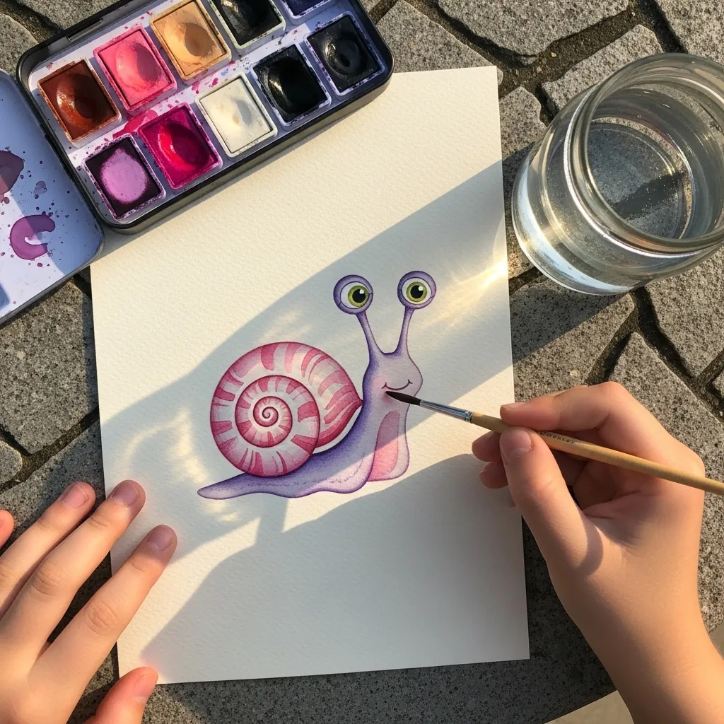 Child drawing a purple and pink snail with eye stalks on a shell