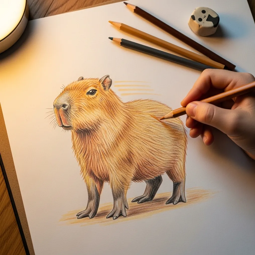 Child drawing a brown capybara standing calmly in colored pencil