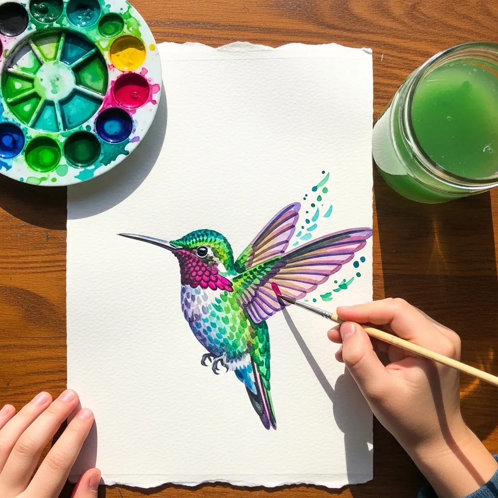 Child painting a purple and green hummingbird with watercolors