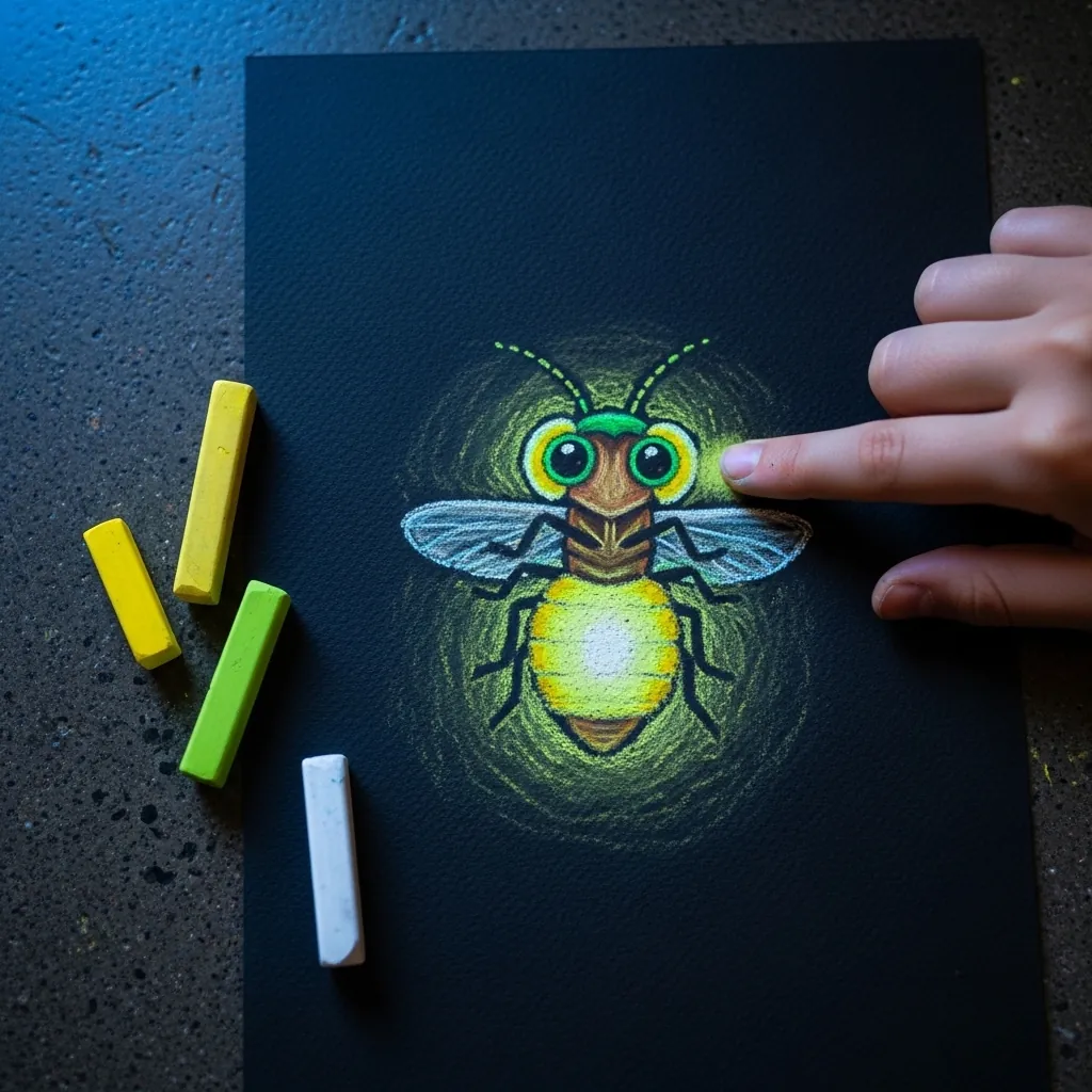 Child drawing a glowing green firefly with pastels on black paper