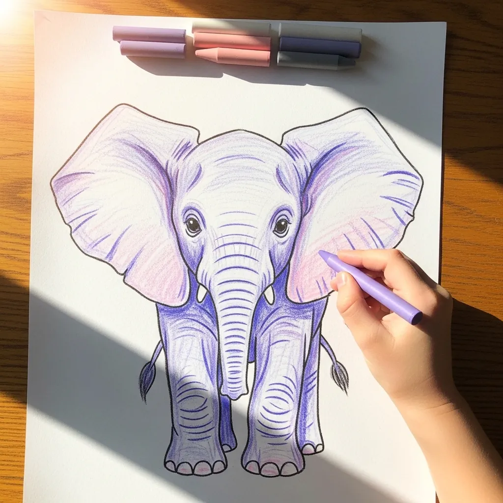 Child drawing an elephant face in purple pen with large detailed ears