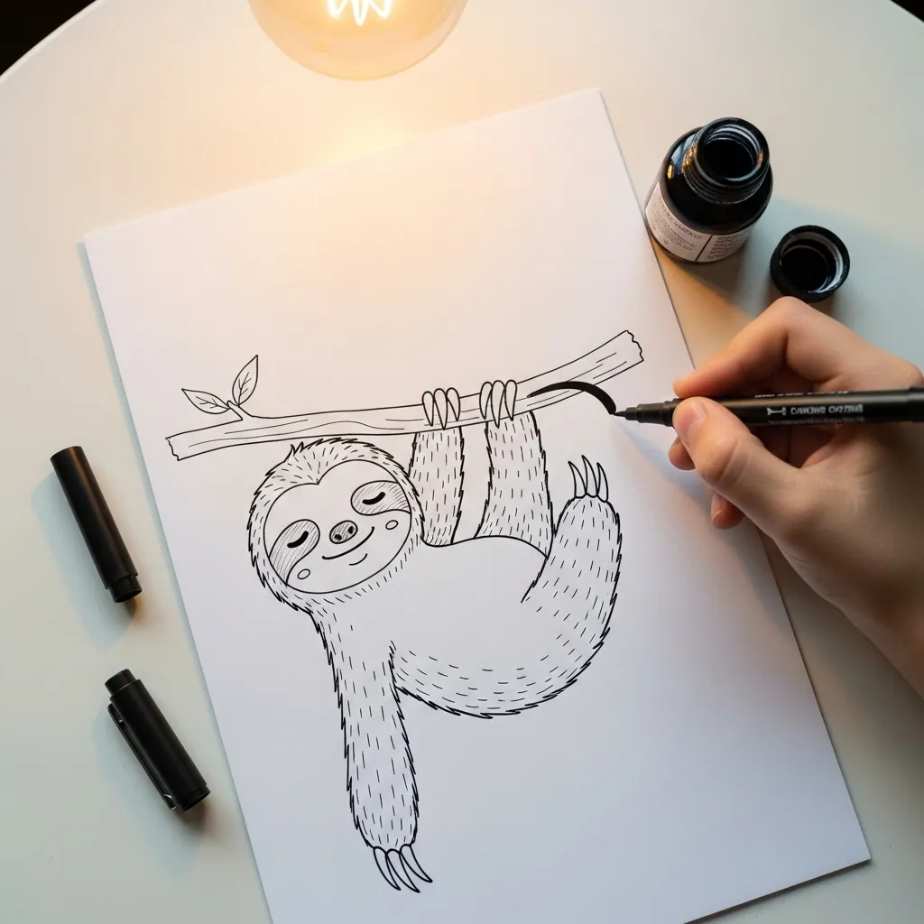 Child drawing a sloth hanging upside down from a branch in ink