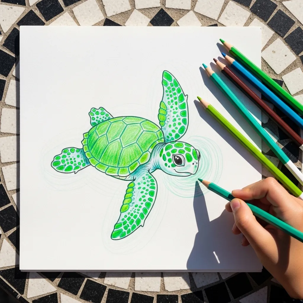 Child coloring a green sea turtle with a patterned shell in marker