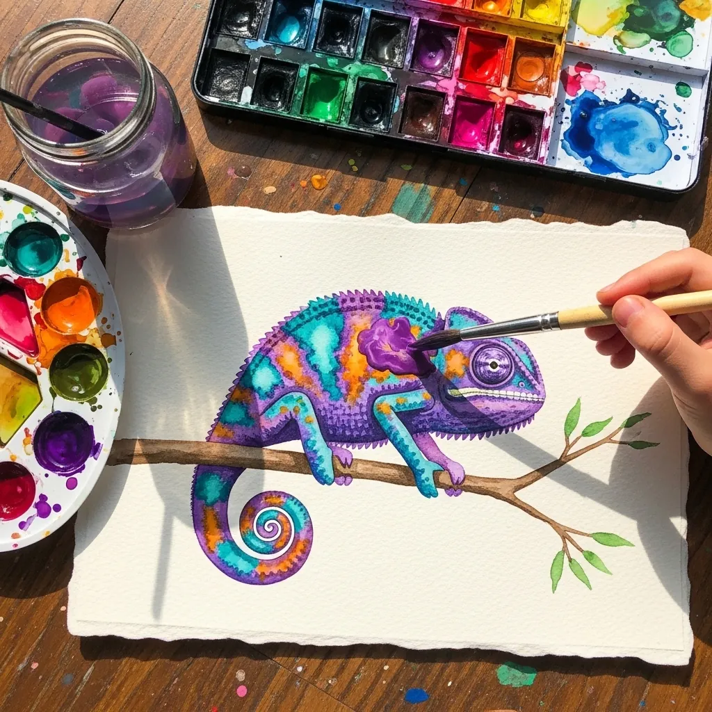 Child painting a multicolored chameleon on a branch with watercolors