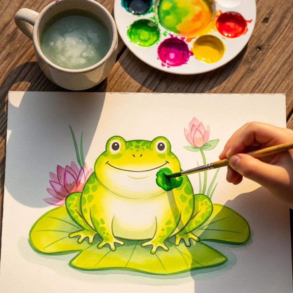 Child painting a smiling green frog sitting on a lily pad with flowers