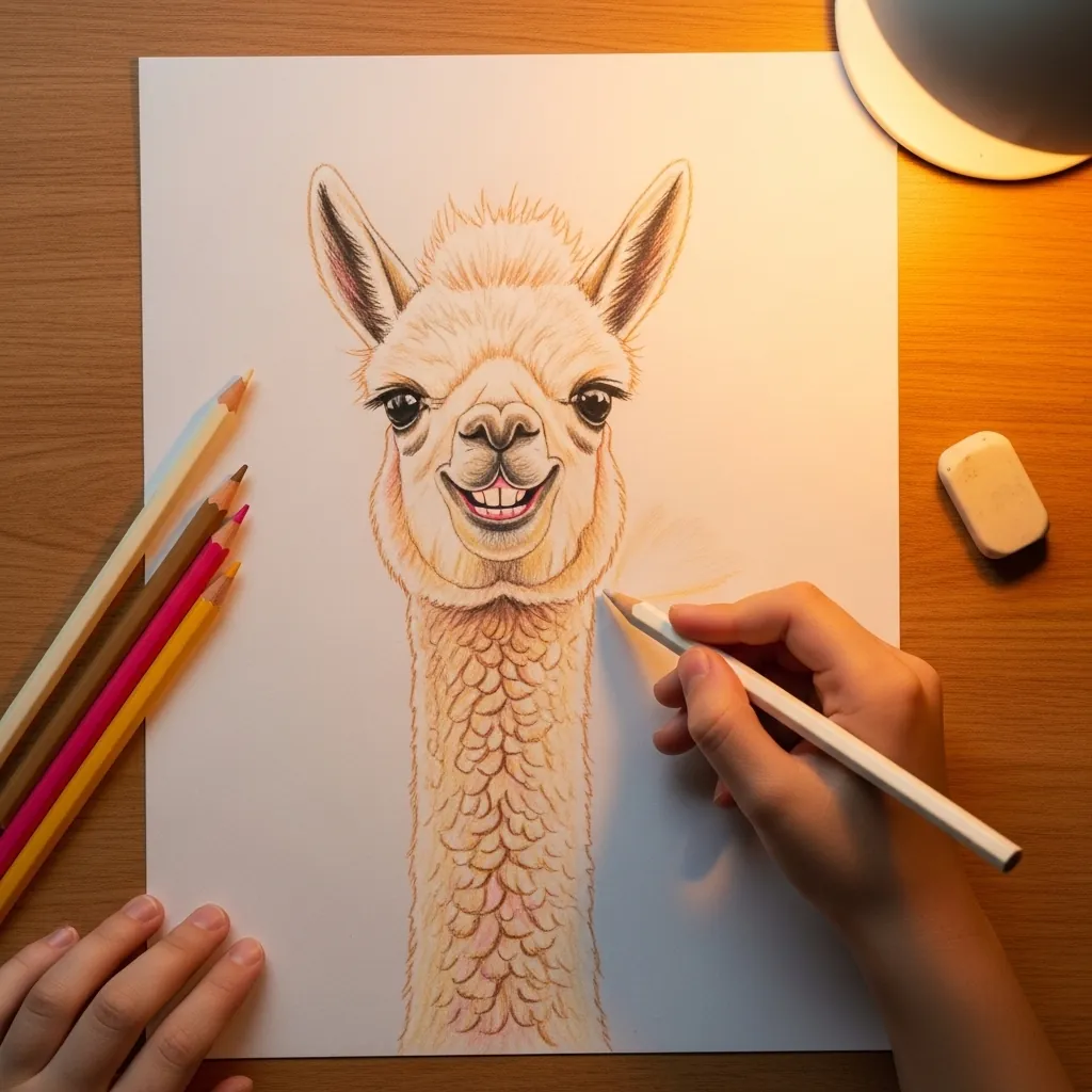 Child drawing a cream colored alpaca with a fluffy topknot in pencil