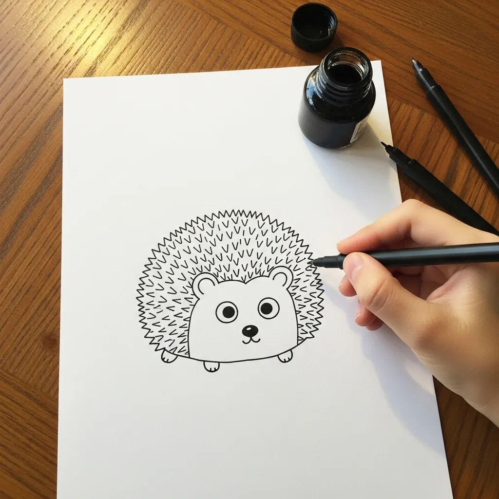 Child drawing a hedgehog with a spiky black outline and a small round face