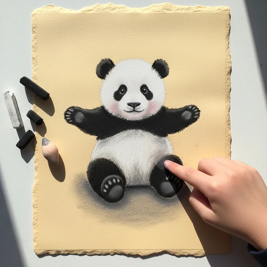 Child drawing a baby panda sitting with arms out on cream colored paper
