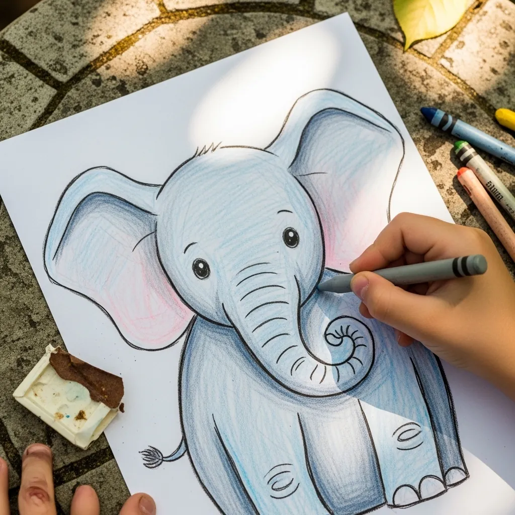 Child coloring a pale blue baby elephant with very large ears