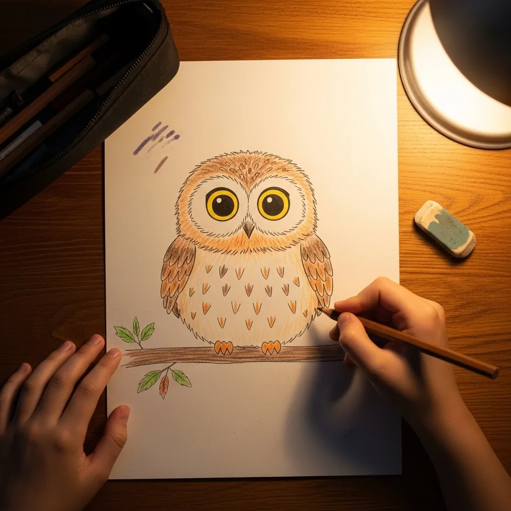Child drawing a small round owl with big yellow eyes perched on a branch