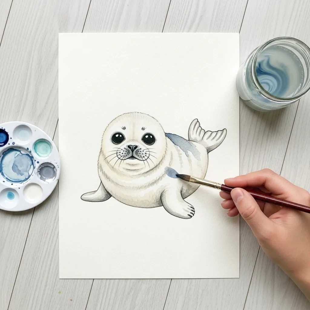 Child drawing a white baby seal pup in pencil on smooth paper