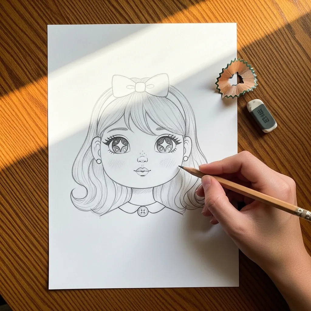 Beginner drawing a cute girl with a large hair bow and big eyes in pencil