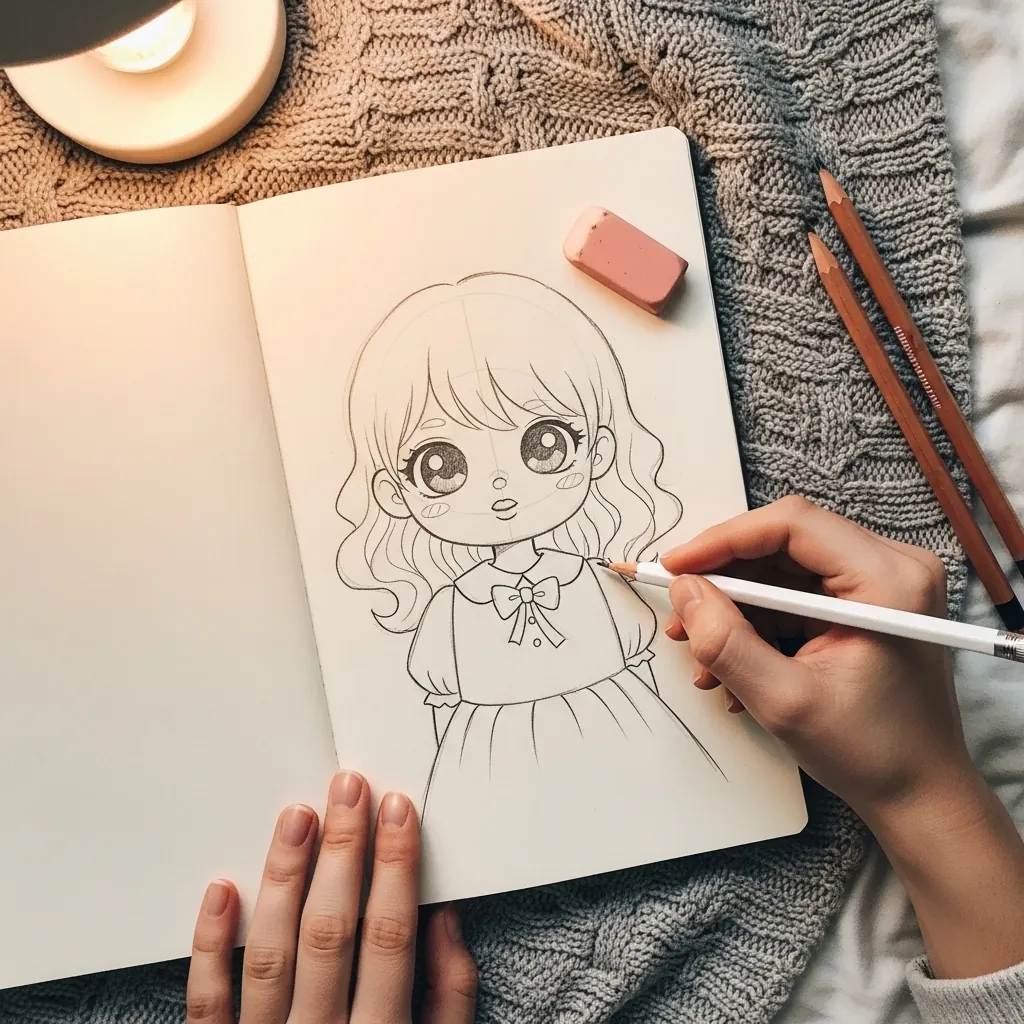Beginner drawing a chibi style girl in a frilled dress with wavy hair