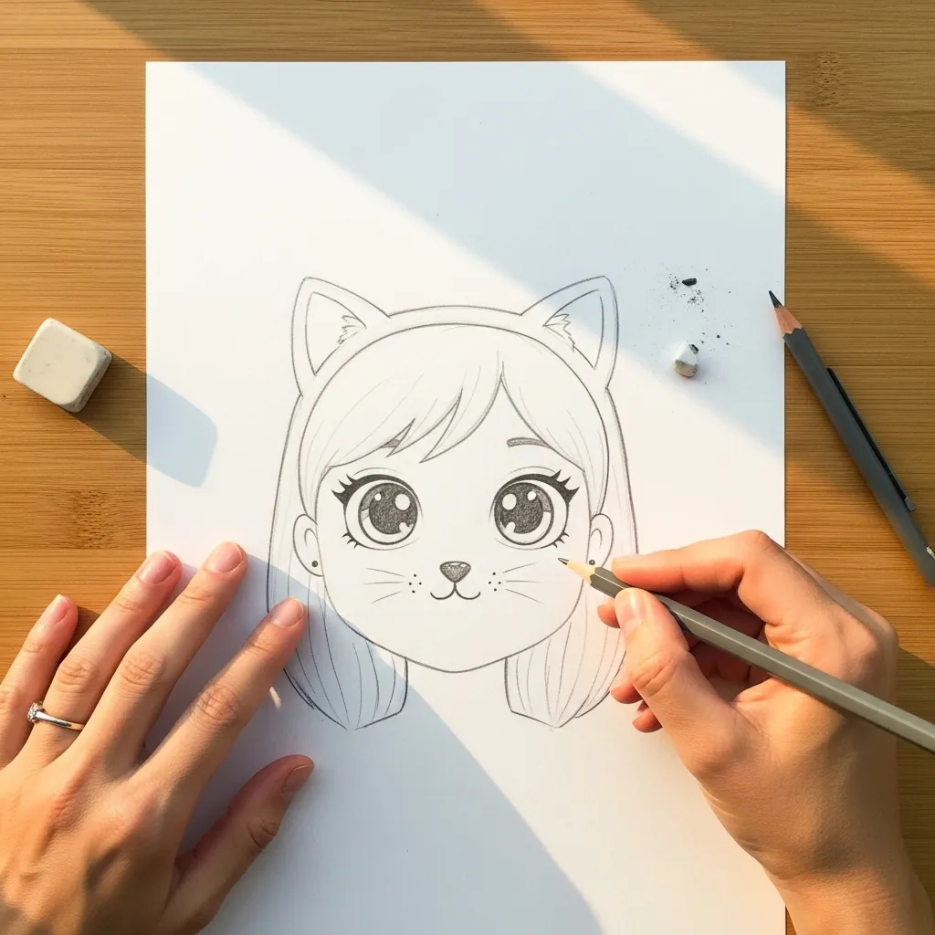Beginner drawing a girl wearing a cat ear headband with whisker marks