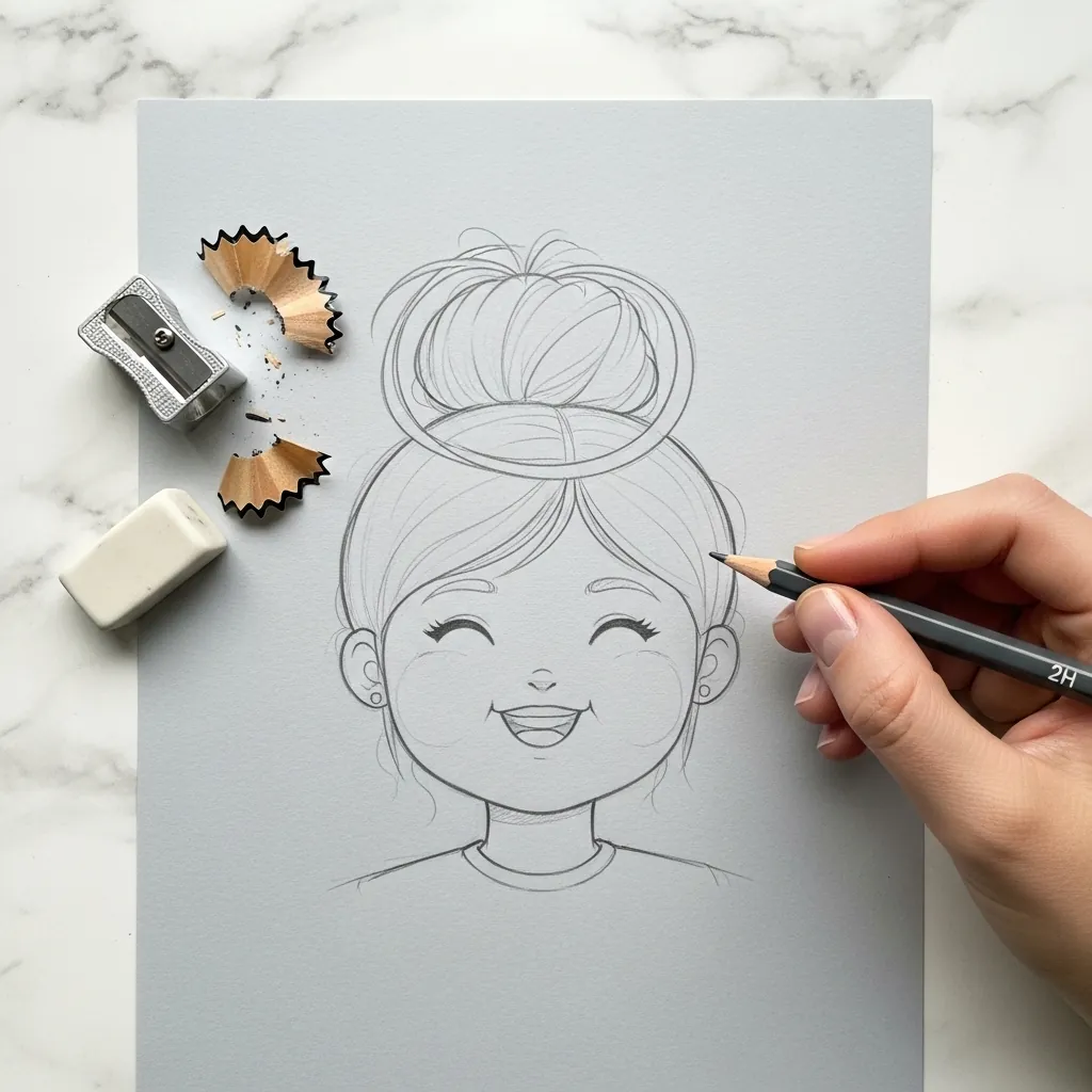 Beginner drawing a girl laughing with her hair tied in a high bun