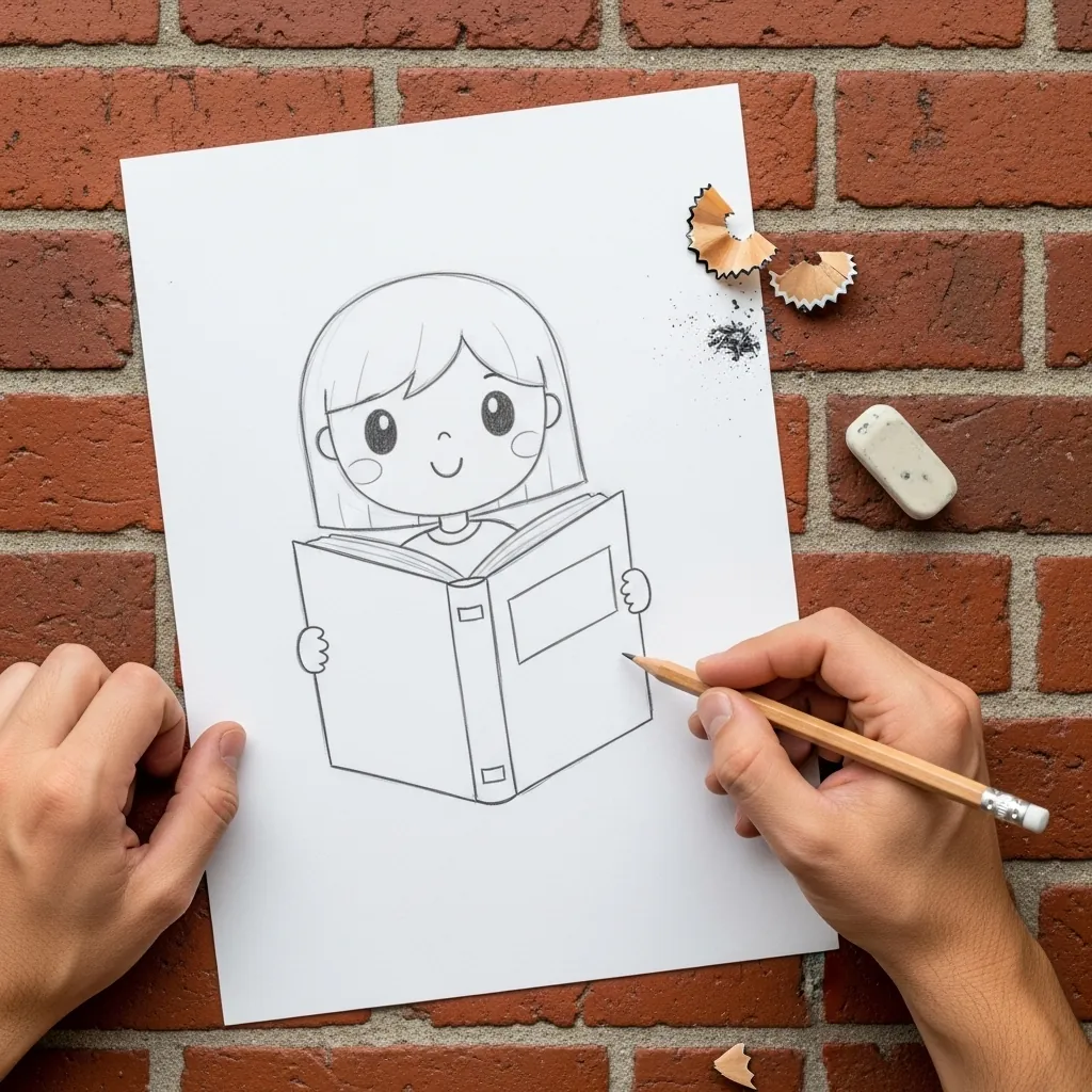 Beginner drawing a girl holding an open book in front of her